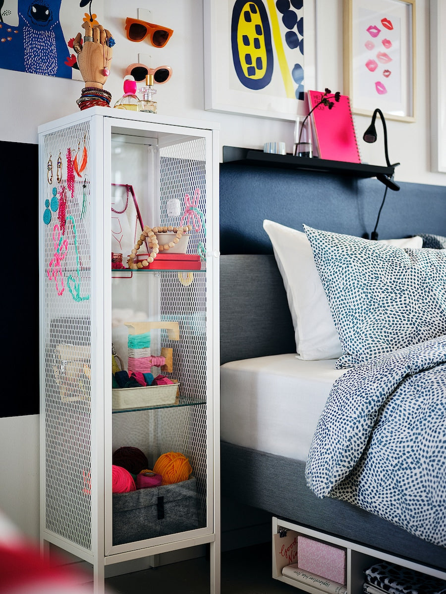 IKEA BAGGEBO Cabinet with glass doors, metal/white, 34x30x116 cm